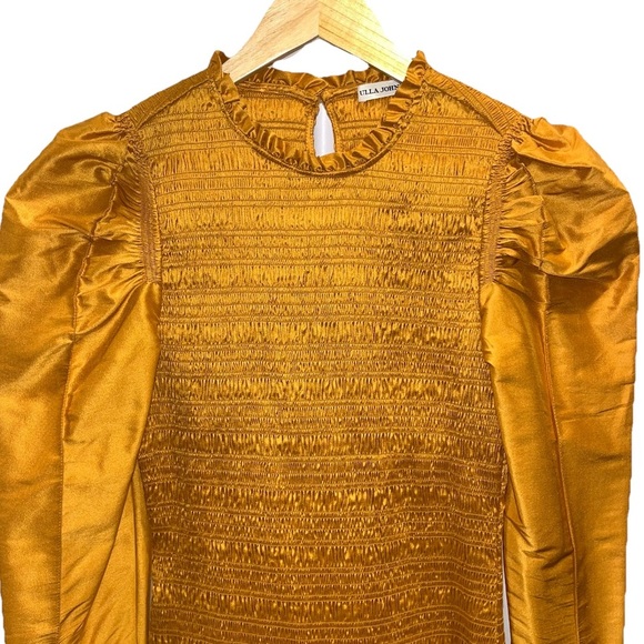 ULLA JOHNSON Aurele dress gold mini silk 4 puff sleeve smocked shirred NWOT - Picture 7 of 15